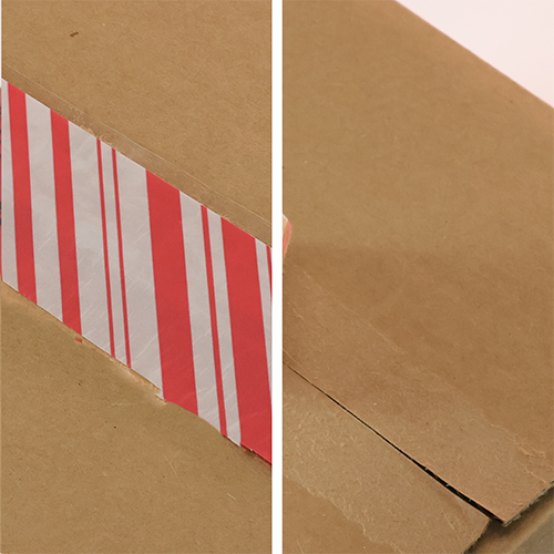 Applied and Peeled – Pilfer Tape A split image with the left half showing striped security tape and the right half showing a cardboard box seam indicating the tape has been removed with no evidence